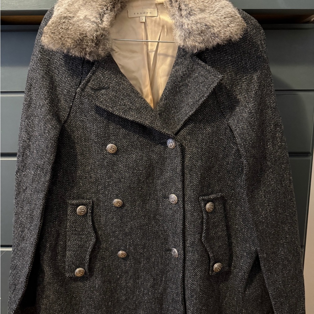Sandro Charcoal Double-Breasted Pea Coat with Faux Fur Collar